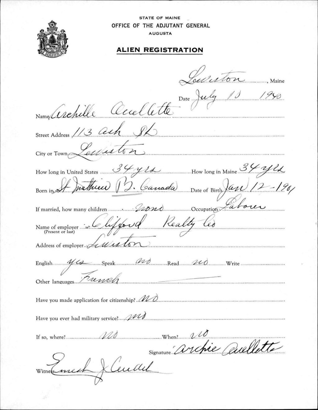 Miniature of Alien Registration- Ouellette, Archille (Lewiston, Androscoggin County)