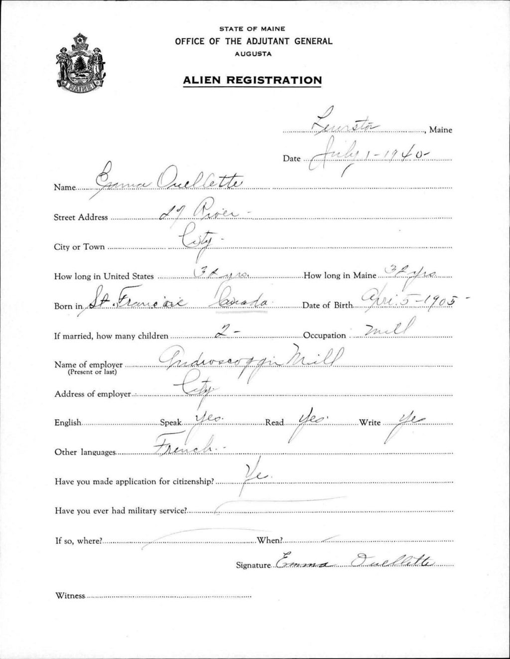 Miniature of Alien Registration- Ouellette, Emma (Lewiston, Androscoggin County)