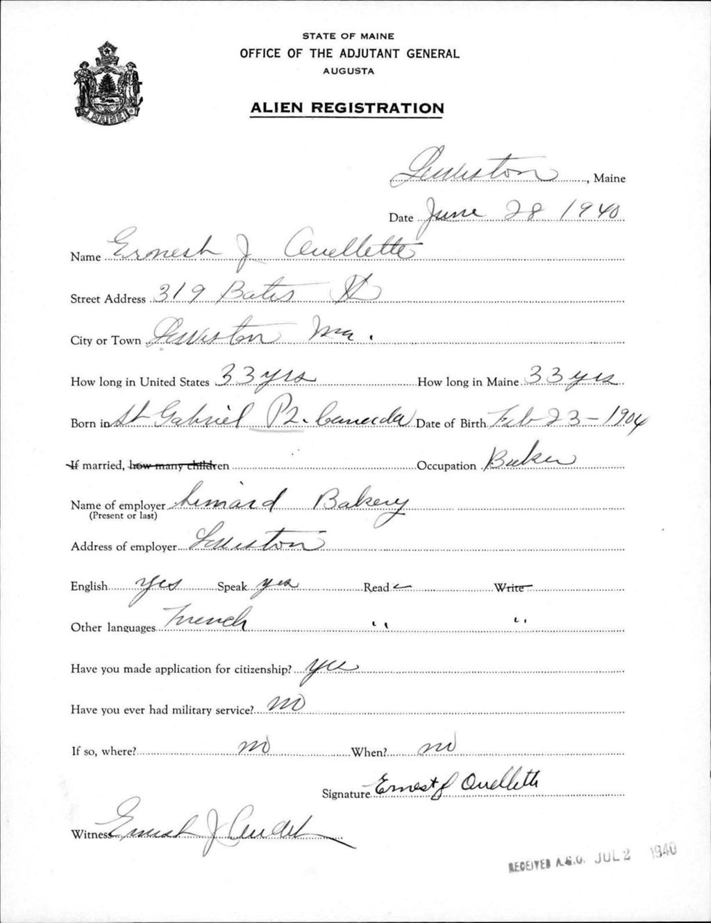 Miniature of Alien Registration- Ouellette, Ernest J. (Lewiston, Androscoggin County)
