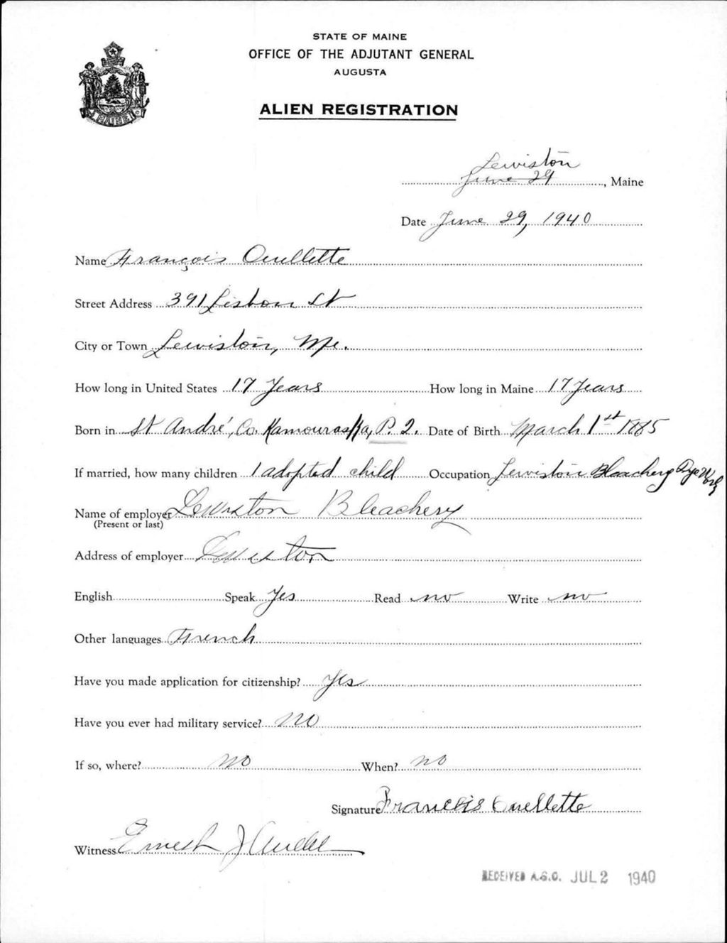 Miniature of Alien Registration- Ouellette, Francois (Lewiston, Androscoggin County)