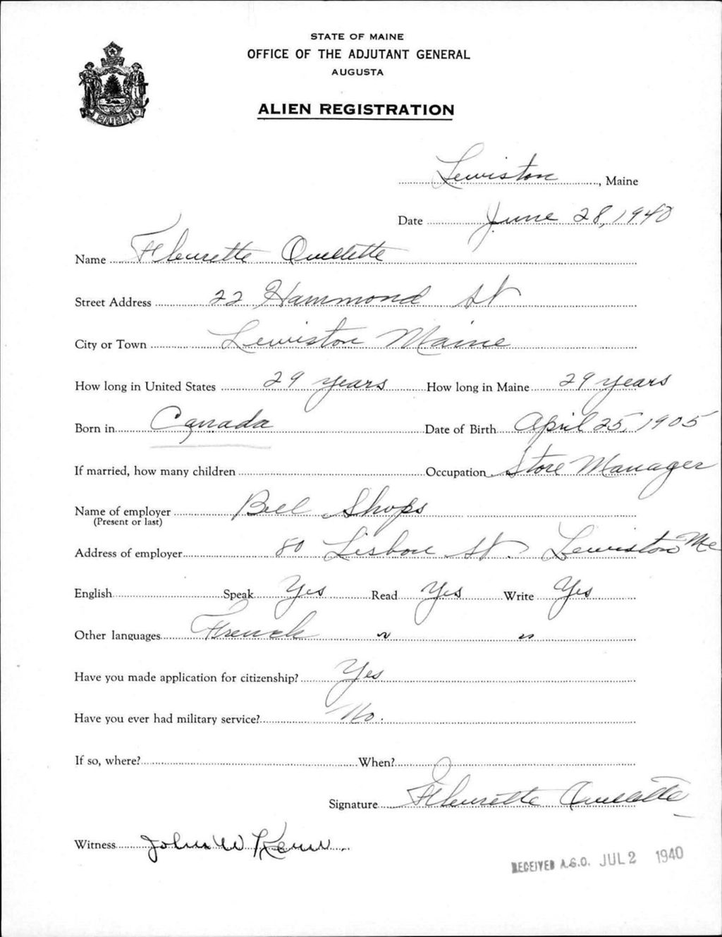 Miniature of Alien Registration- Ouellette, Fleurette (Lewiston, Androscoggin County)