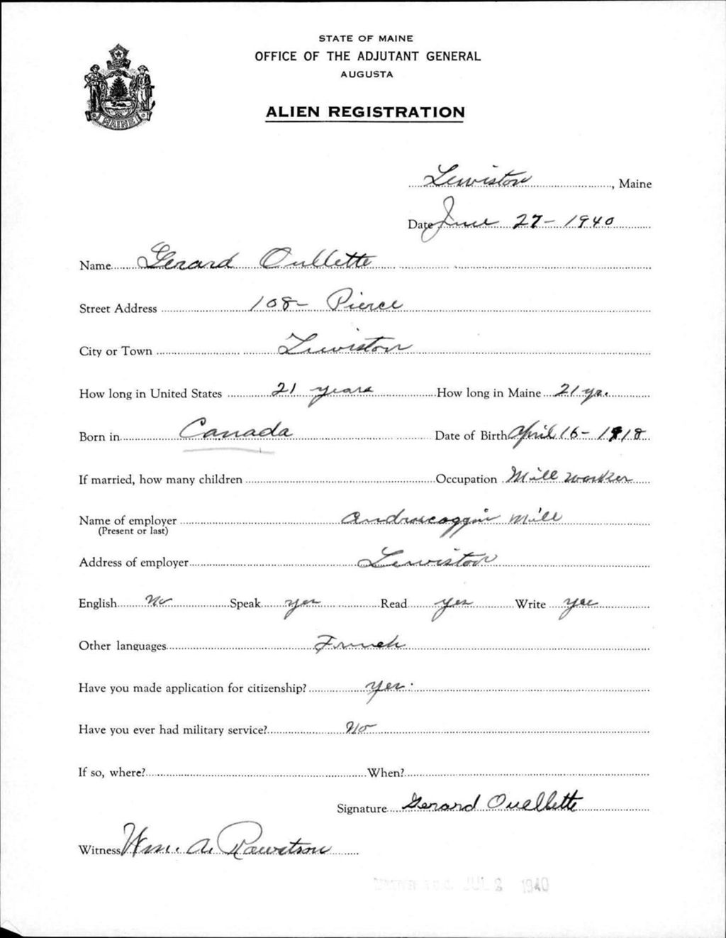 Miniature of Alien Registration- Ouellette, Gerard (Lewiston, Androscoggin County)
