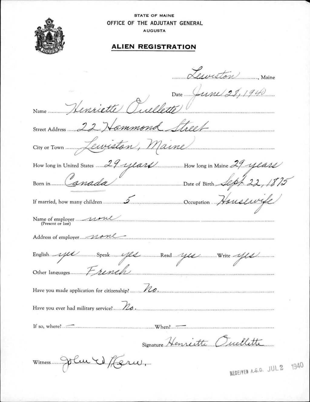 Miniature of Alien Registration- Ouellette, Henriette (Lewiston, Androscoggin County)