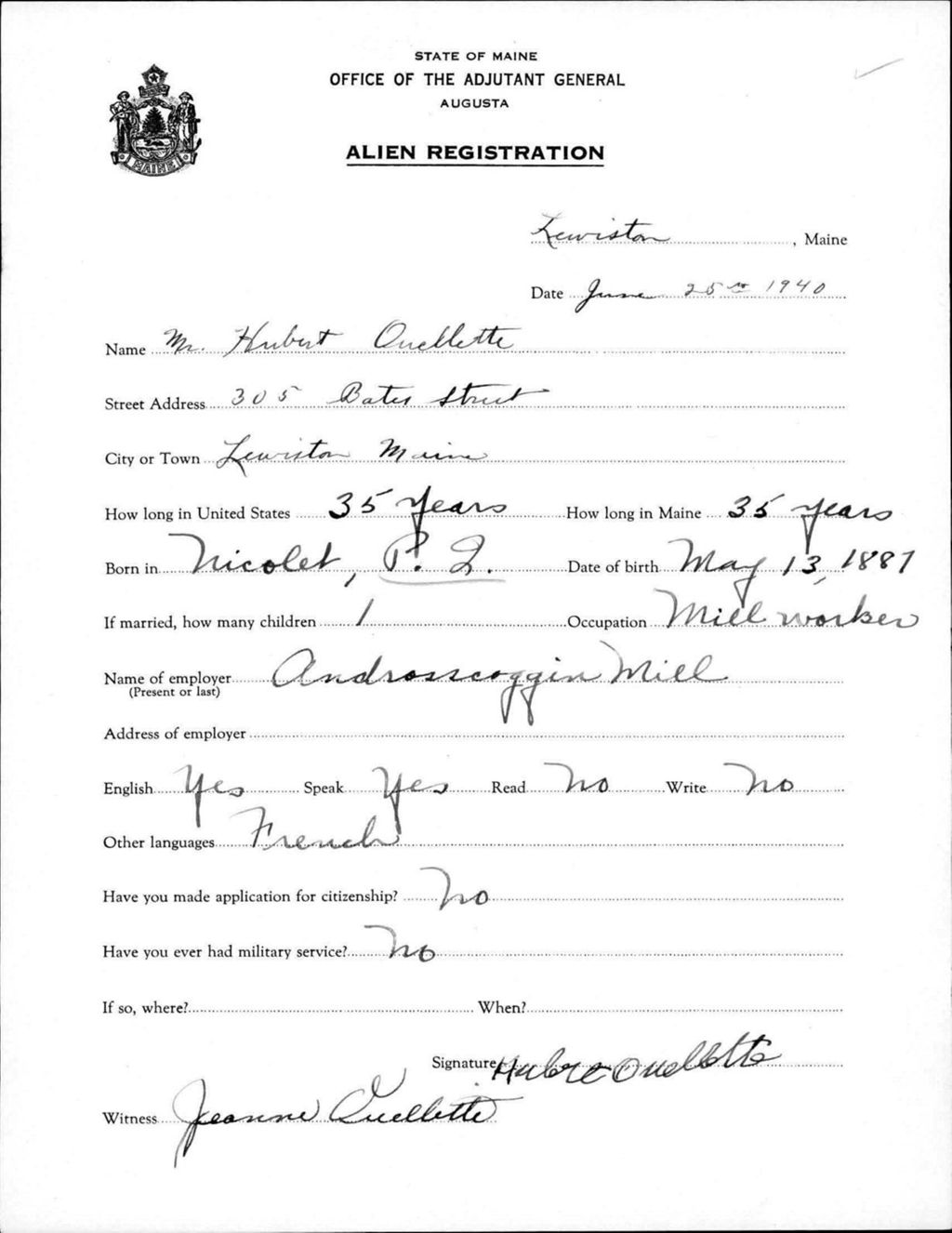 Miniature of Alien Registration- Ouellette, Hubert (Lewiston, Androscoggin County)