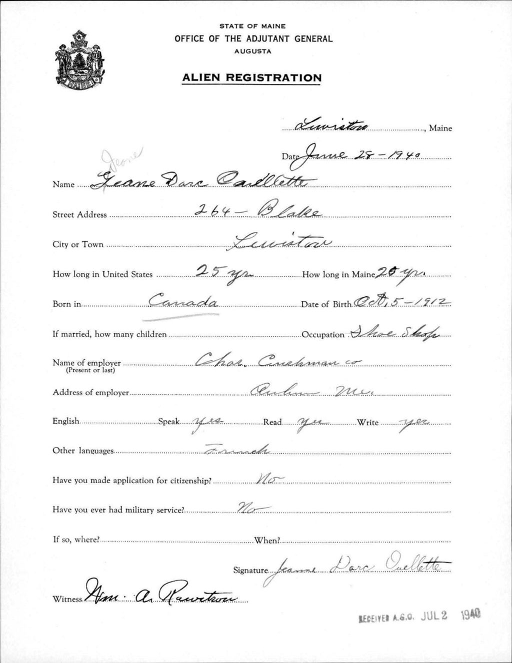 Miniature of Alien Registration- Ouellette, Jeanne D. (Lewiston, Androscoggin County)