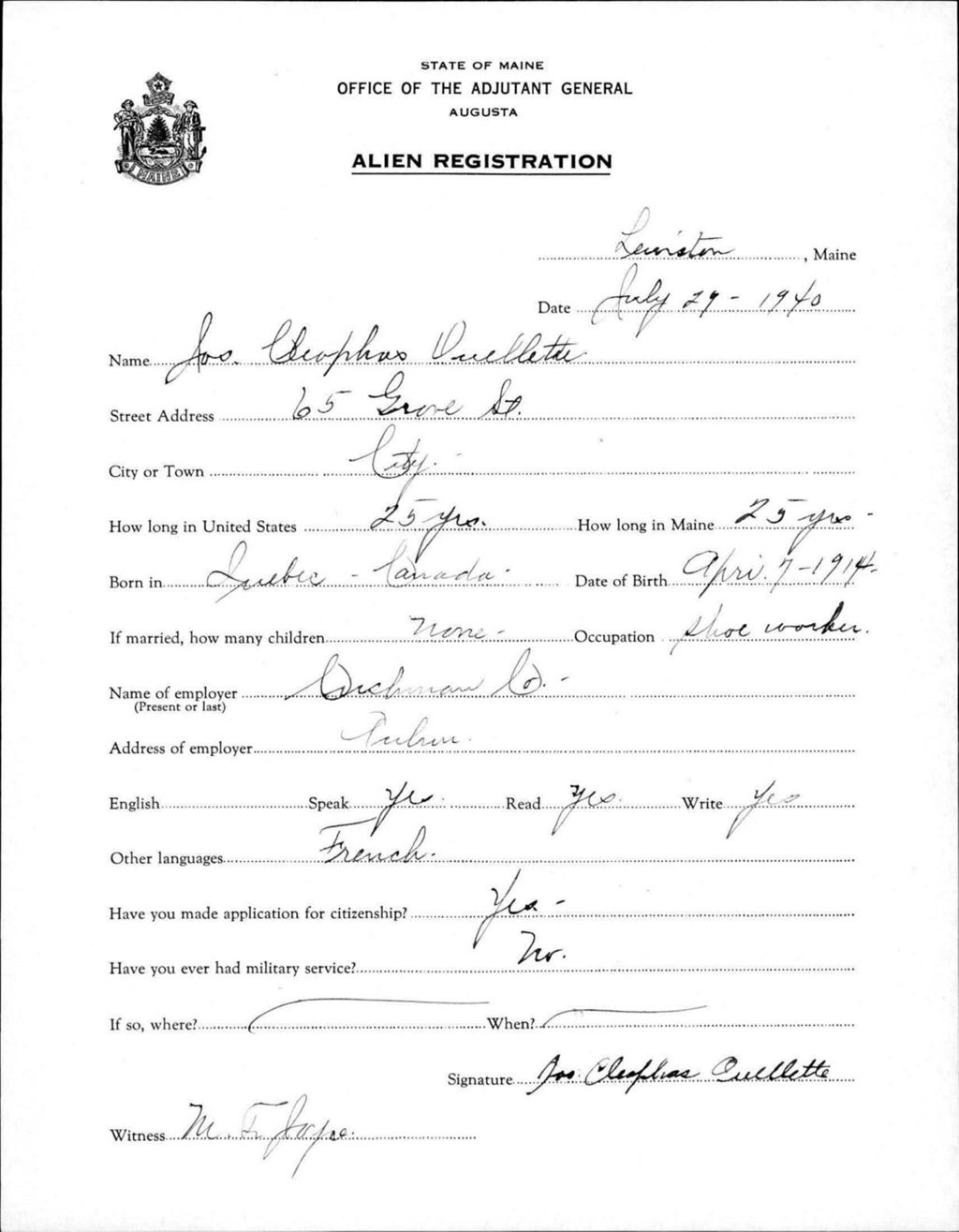Miniature of Alien Registration- Ouellette, Joseph C. (Lewiston, Androscoggin County)