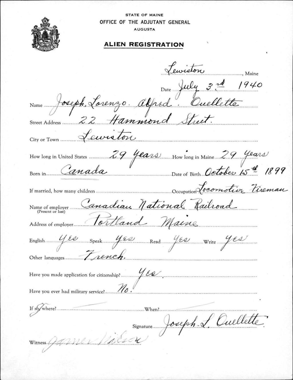Miniature of Alien Registration- Ouellette, Joseph Lorenzo A. (Lewiston, Androscoggin County)