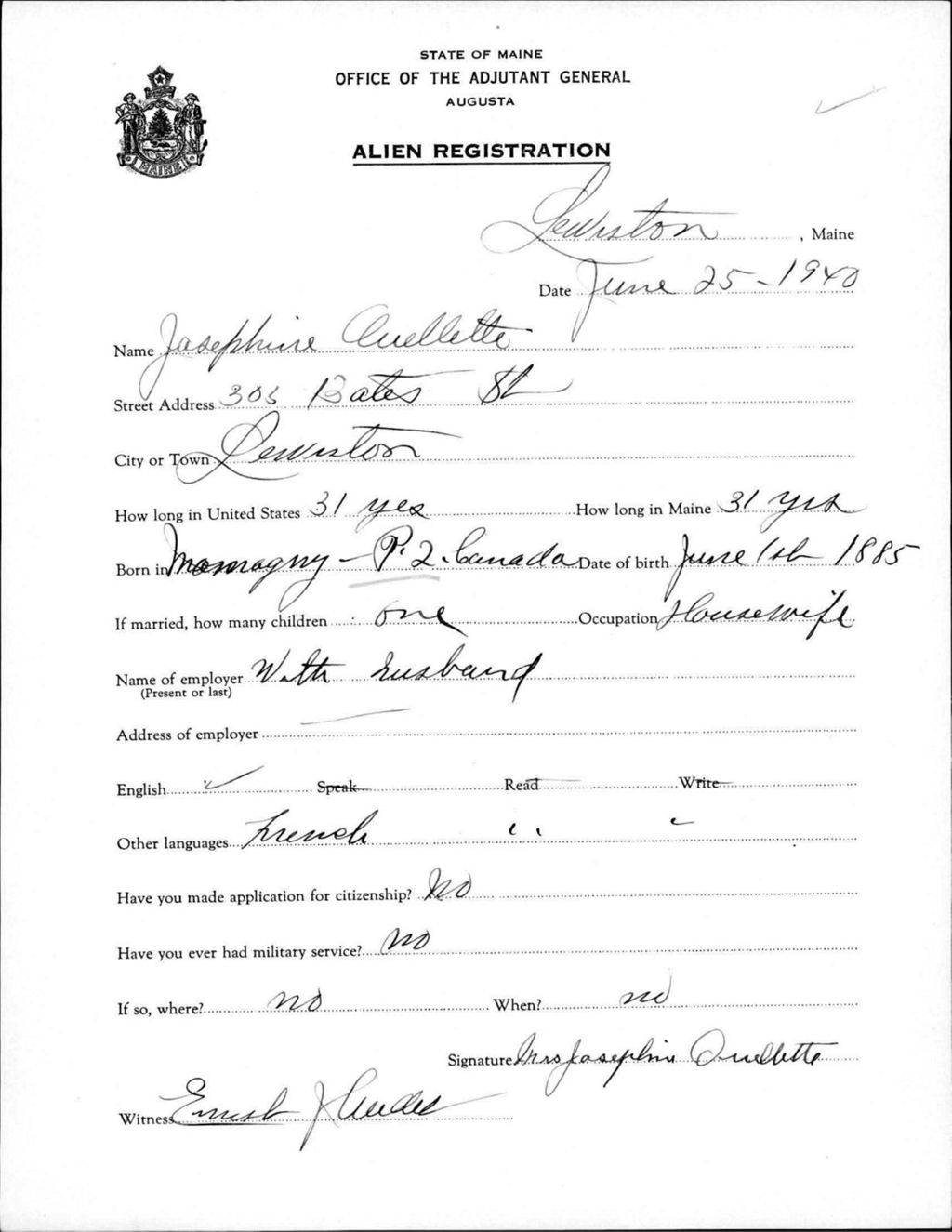 Miniature of Alien Registration- Ouellette, Josephine (Lewiston, Androscoggin County)