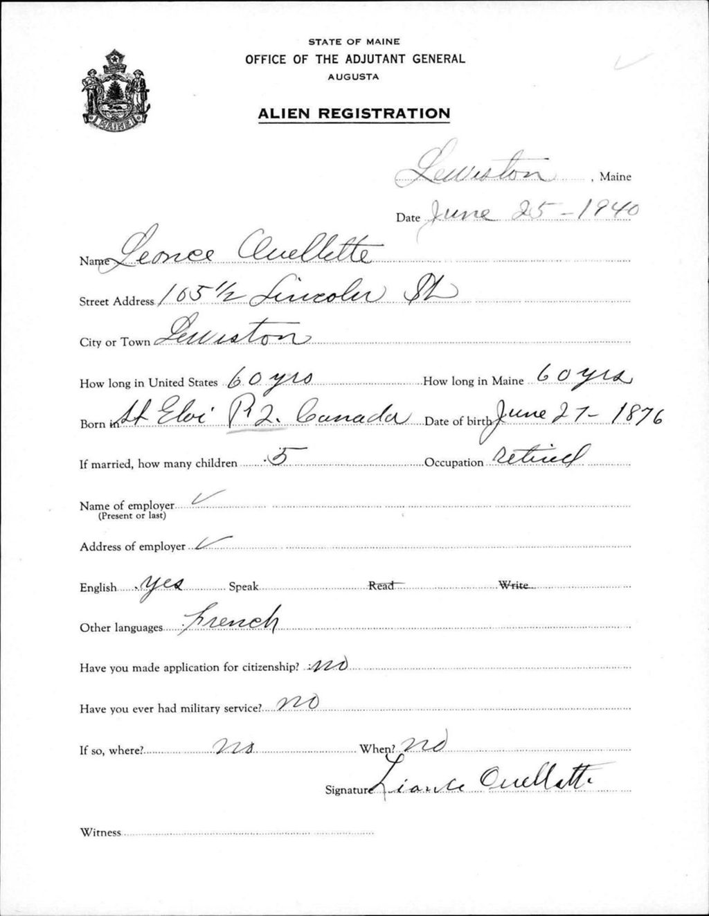Miniature of Alien Registration- Ouellette, Leonce (Lewiston, Androscoggin County)