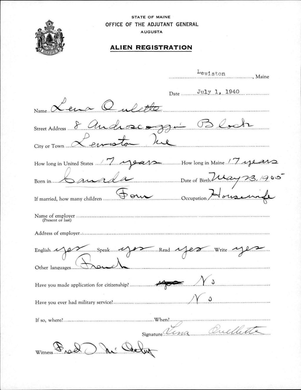 Miniature of Alien Registration- Ouelette, Lena (Lewiston, Androscoggin County)