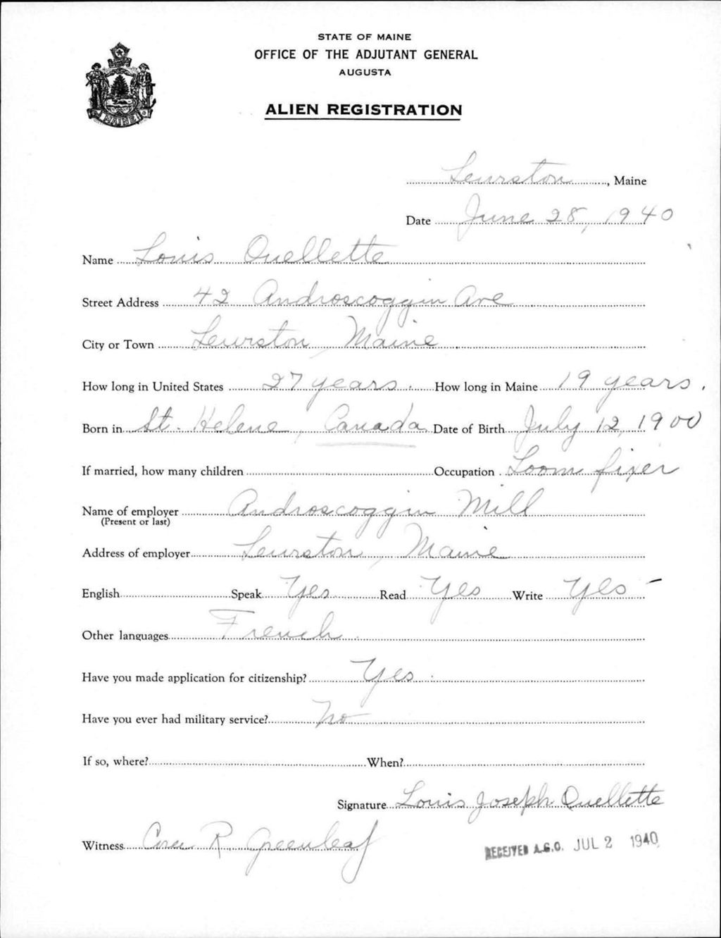 Miniature of Alien Registration- Ouellette, Louis (Lewiston, Androscoggin County)