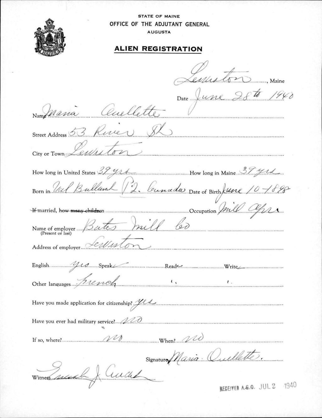 Miniature of Alien Registration- Ouellette, Maria (Lewiston, Androscoggin County)