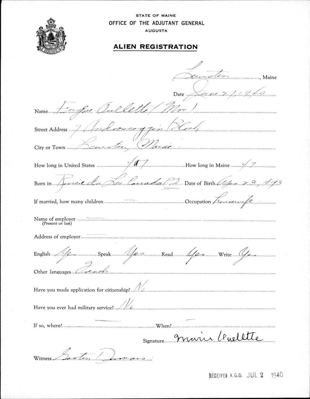 Miniature of Alien Registration- Ouellette, Marie (Lewiston, Androscoggin County)