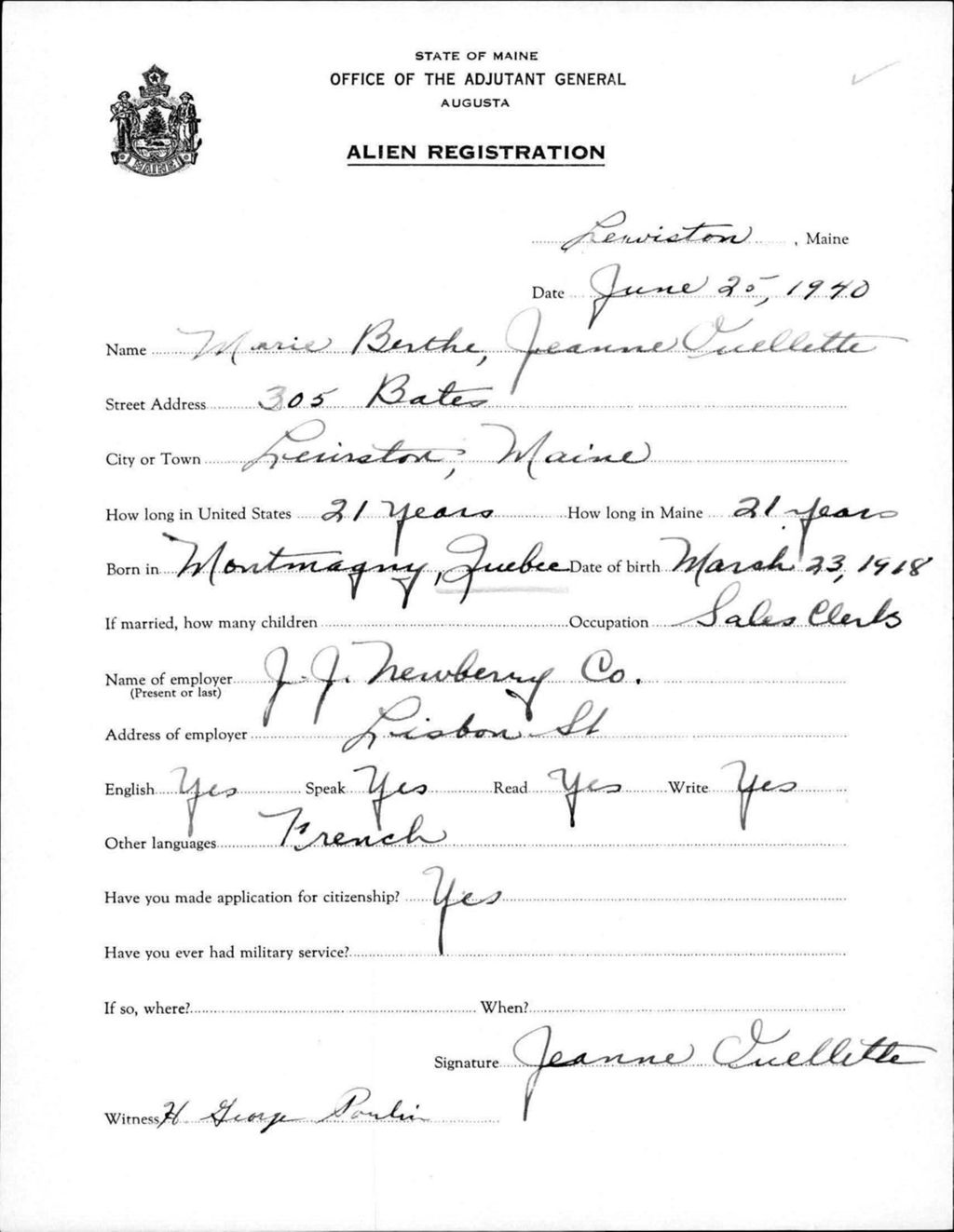 Miniature of Alien Registration- Ouellette, Marie Bertha J. (Lewiston, Androscoggin County)