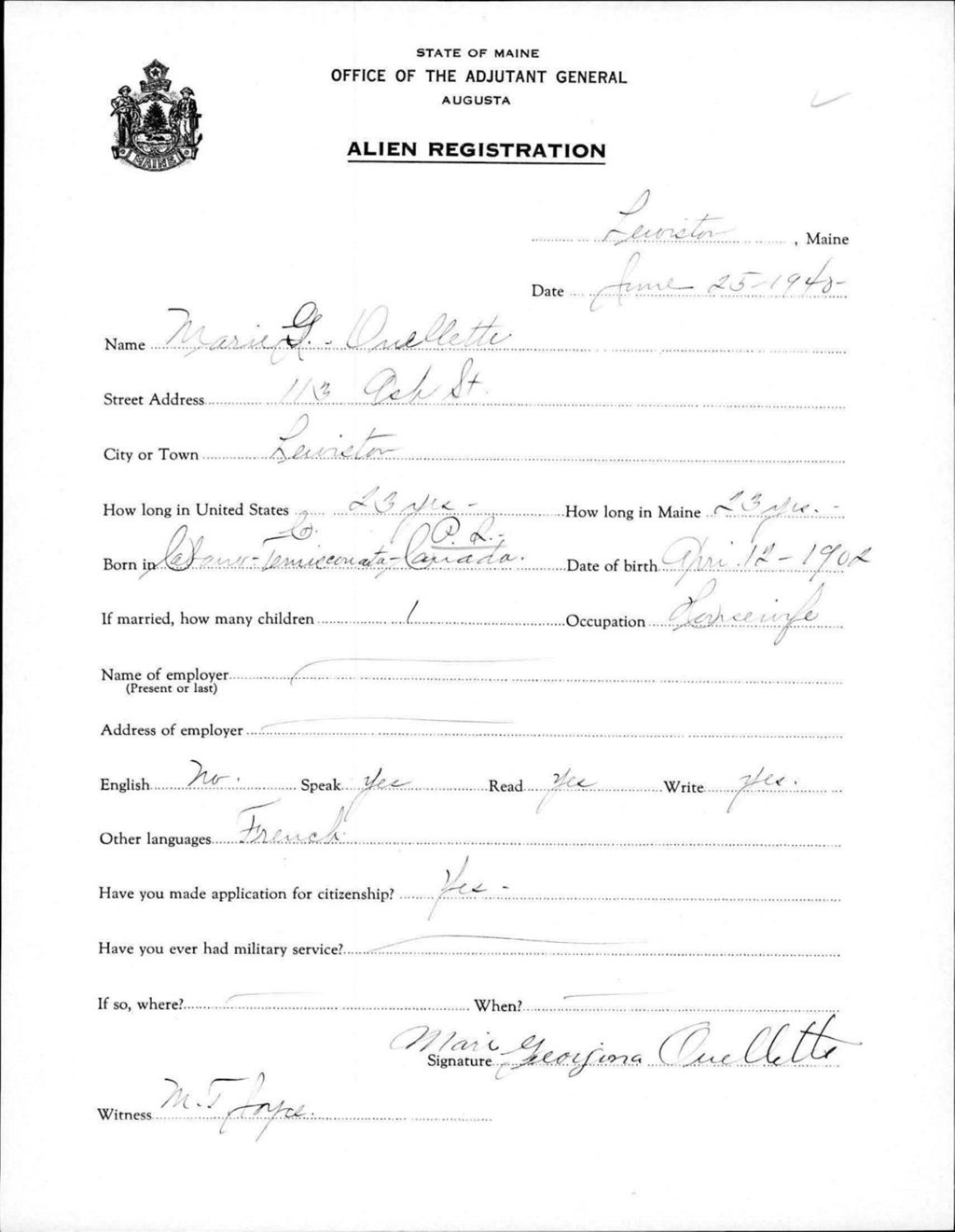 Miniature of Alien Registration- Ouellette, Marie G. (Lewiston, Androscoggin County)