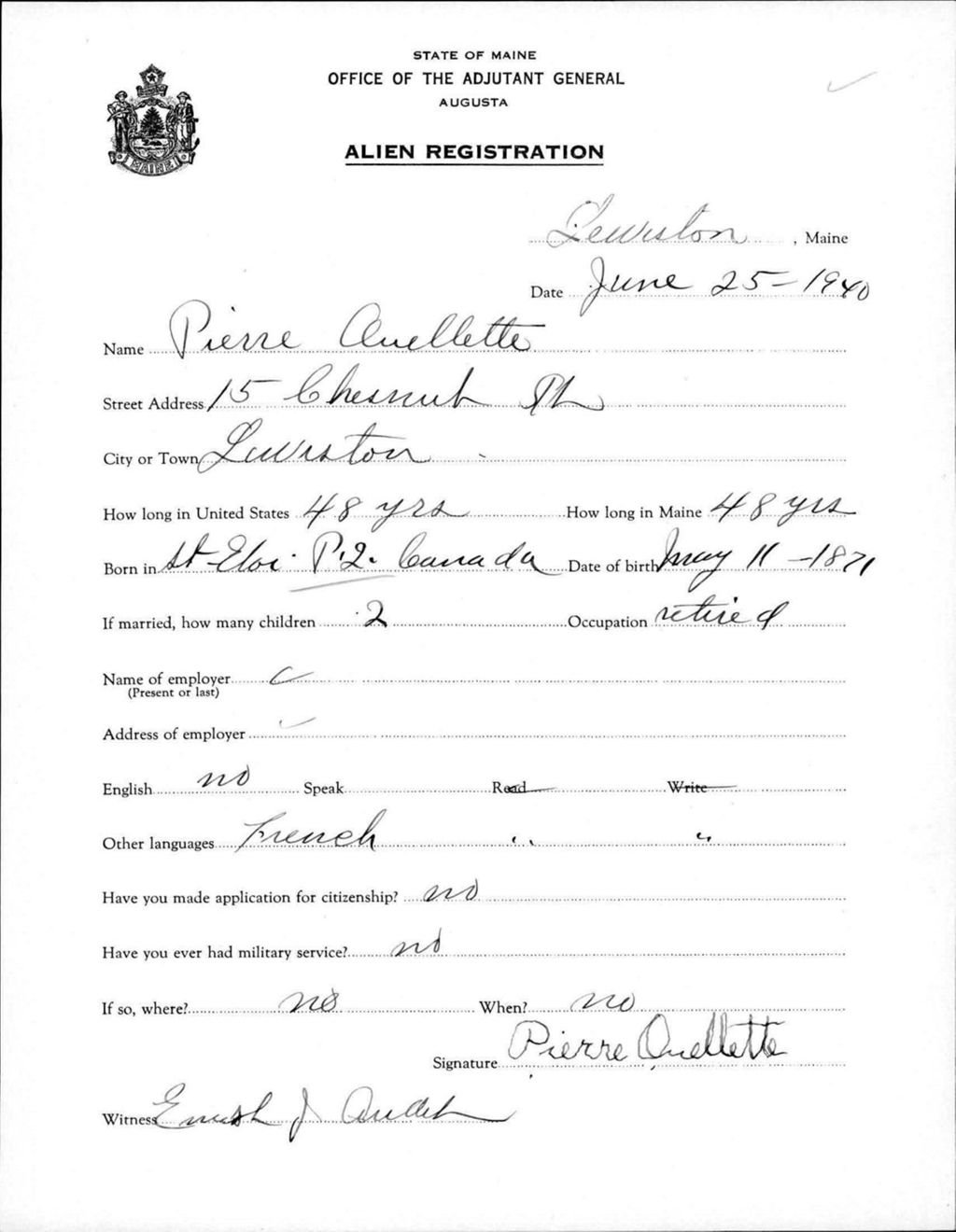 Miniature of Alien Registration- Ouellette, Pierre (Lewiston, Androscoggin County)