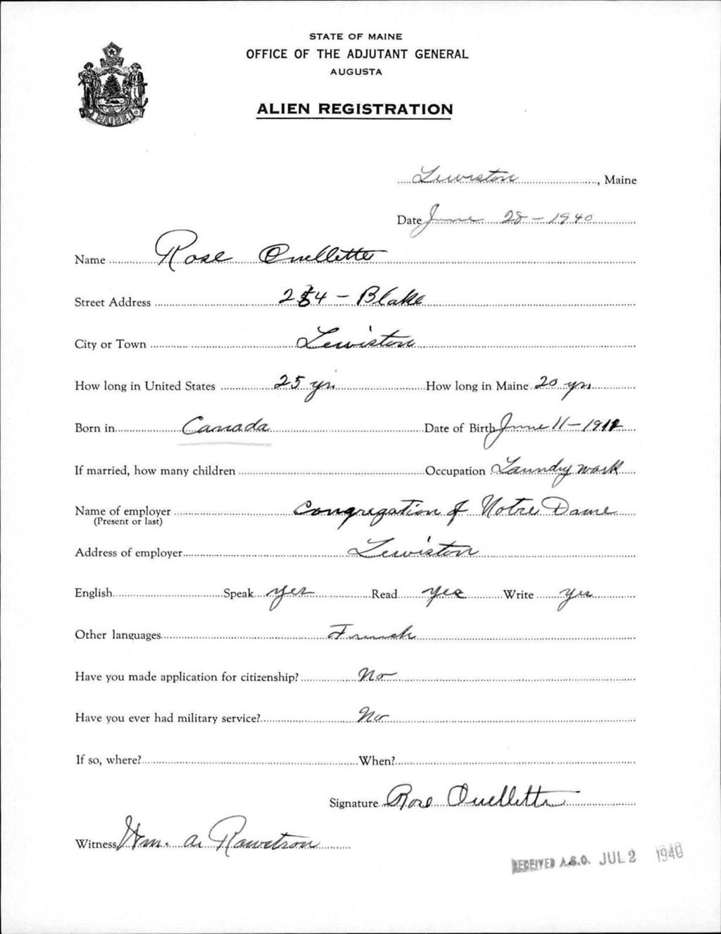 Miniature of Alien Registration- Ouellette, Rose (Lewiston, Androscoggin County)