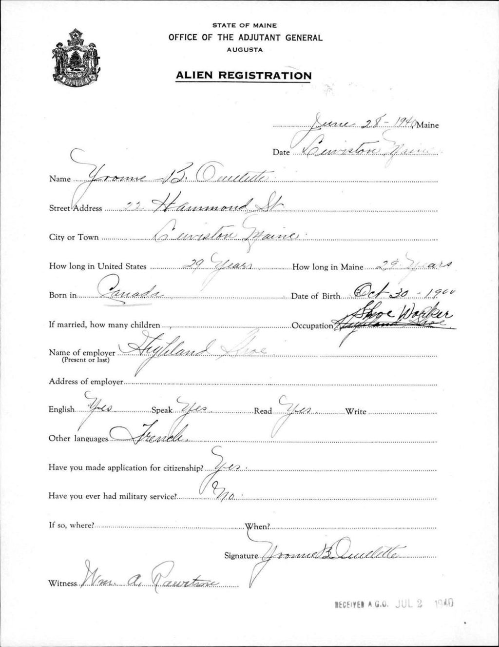 Miniature of Alien Registration- Ouellette, Yvonne B. (Lewiston, Androscoggin County)
