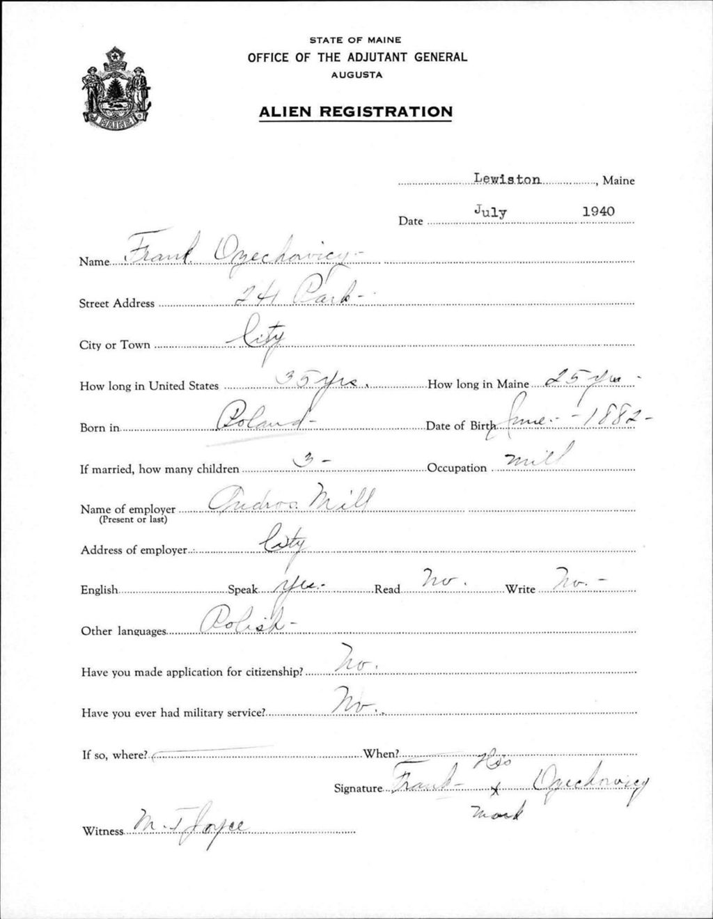 Miniature of Alien Registration- Ozechovicy, Frank (Lewiston, Androscoggin County)