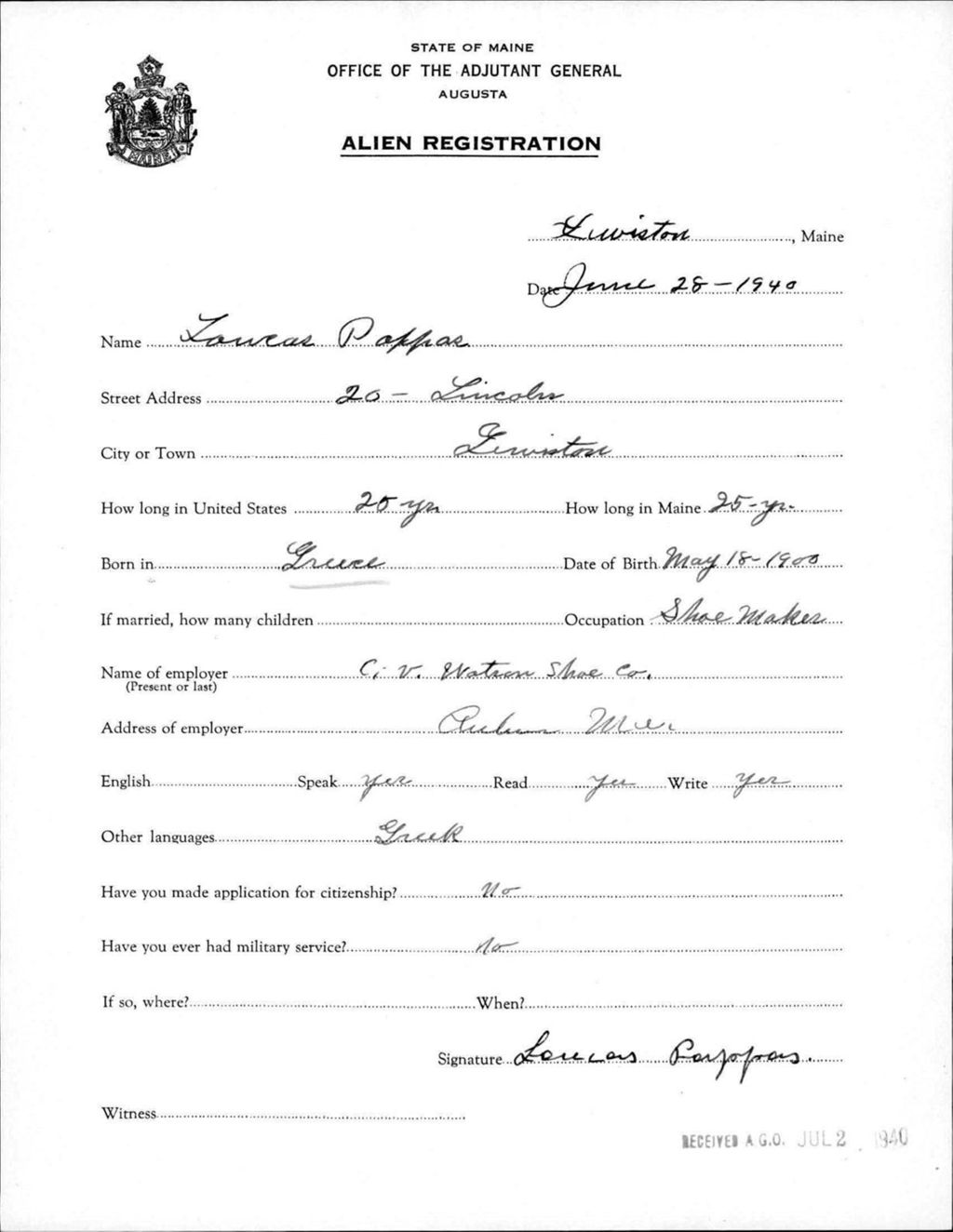 Miniature of Alien Registration- Pappas, Loucas (Lewiston, Androscoggin County)
