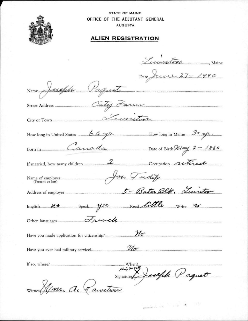 Miniature of Alien Registration- Paquet, Joseph (Lewiston, Androscoggin County)
