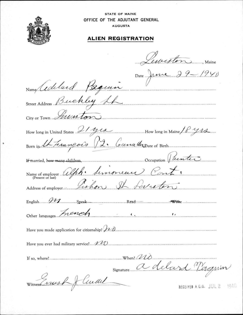 Miniature of Alien Registration- Paquin, Adelard (Lewiston, Androscoggin County)