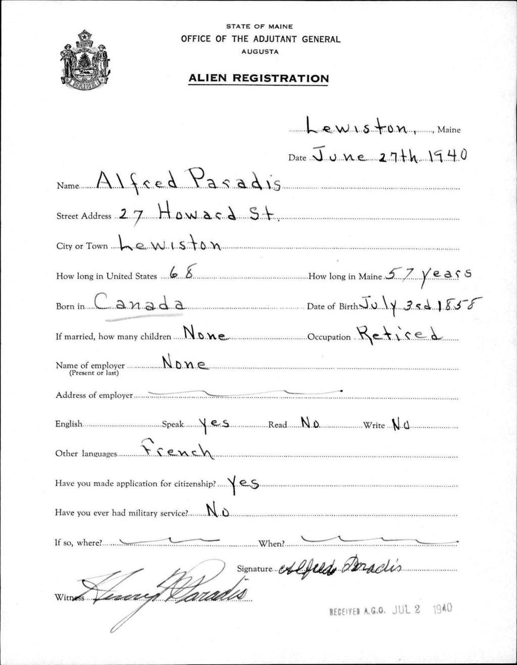 Miniature of Alien Registration- Paradis, Alfred (Lewiston, Androscoggin County)