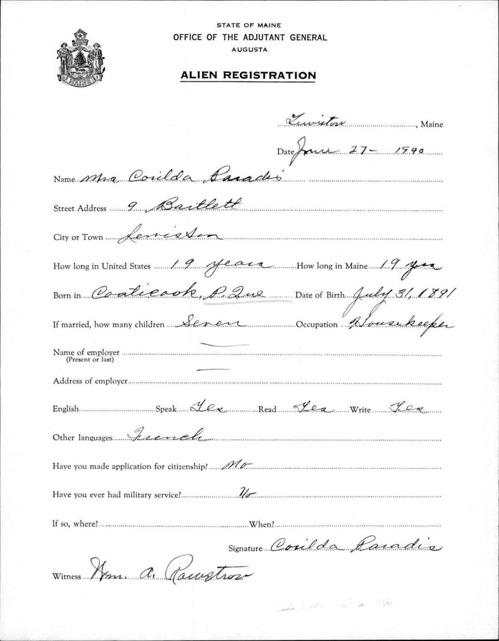 Miniature of Alien Registration- Paradis, Corilda (Lewiston, Androscoggin County)