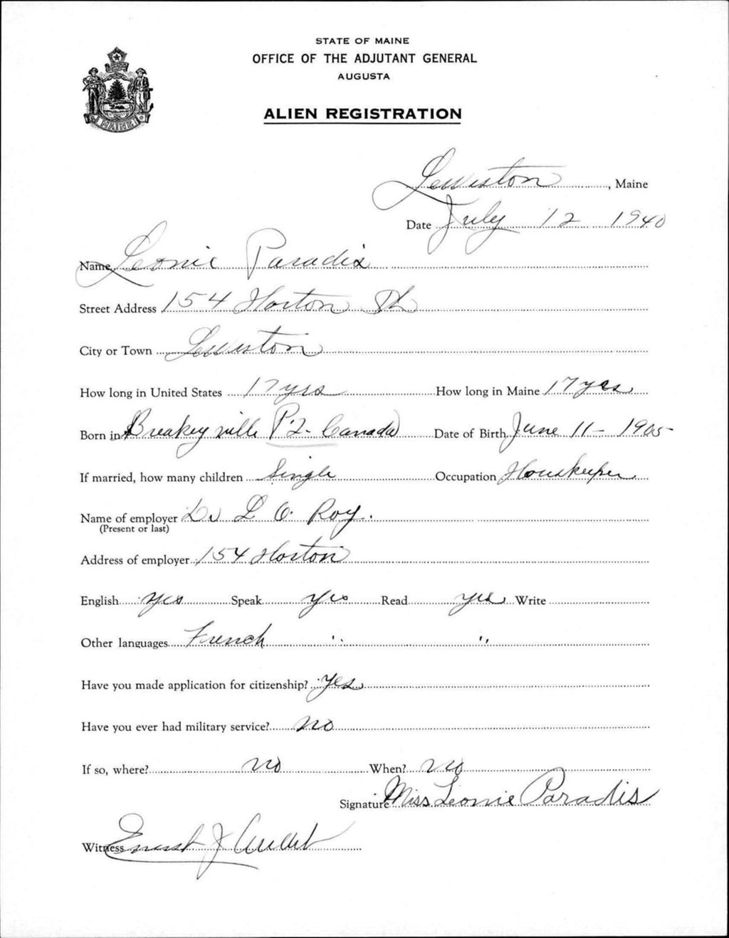 Miniature of Alien Registration- Paradis, Leonie (Lewiston, Androscoggin County)