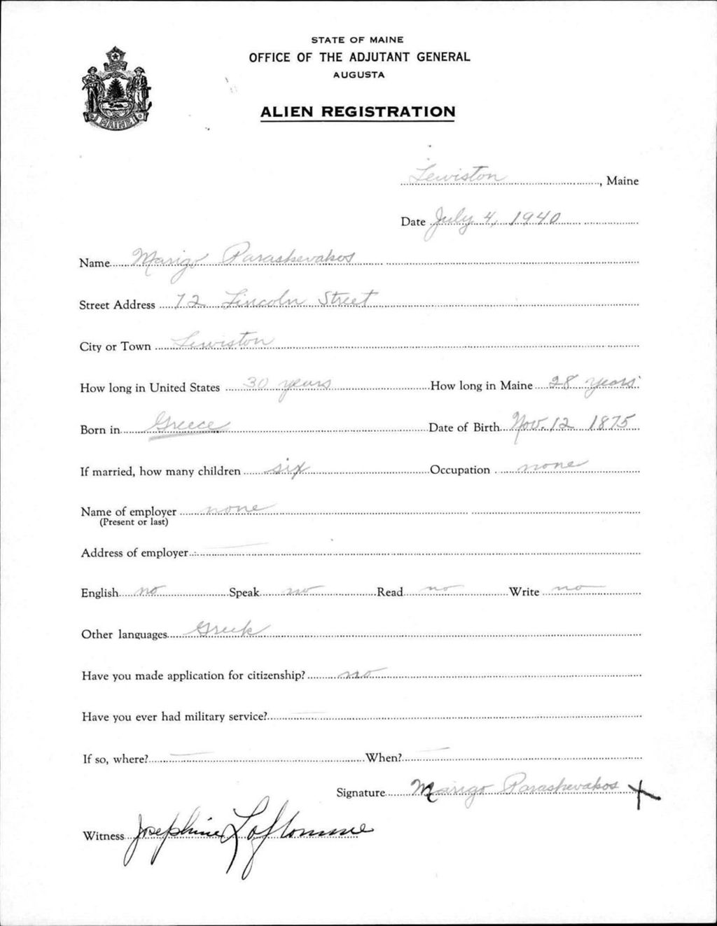 Miniature of Alien Registration- Paraskevakos, Marigo (Lewiston, Androscoggin County)