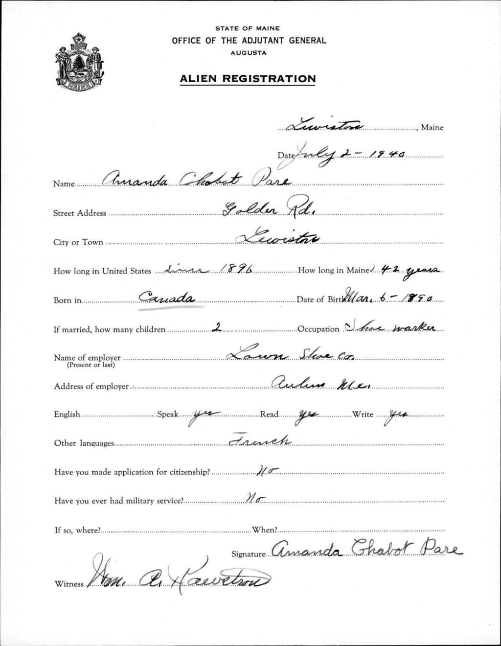 Miniature of Alien Registration- Chabot, Amanda (Lewiston, Androscoggin County)
