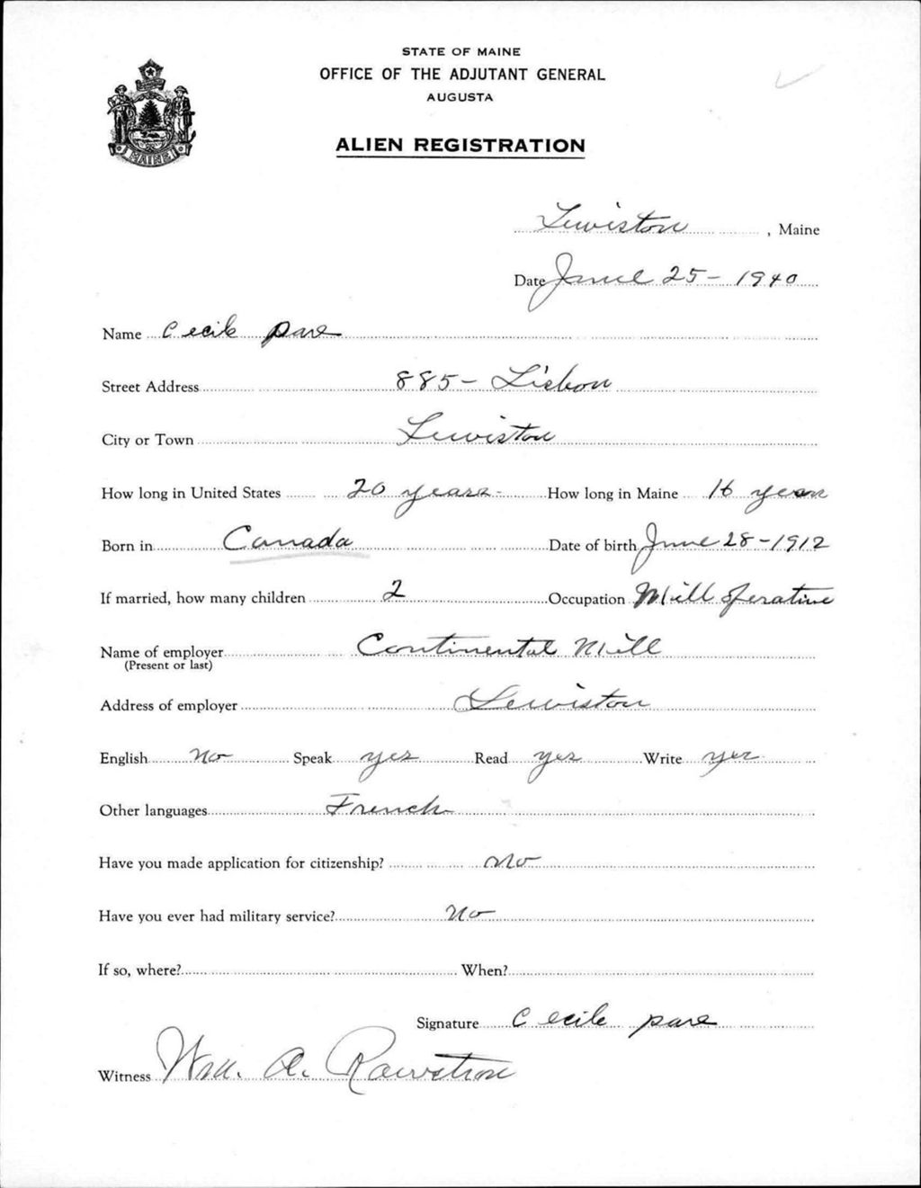 Miniature of Alien Registration- Pare, Cecile (Lewiston, Androscoggin County)