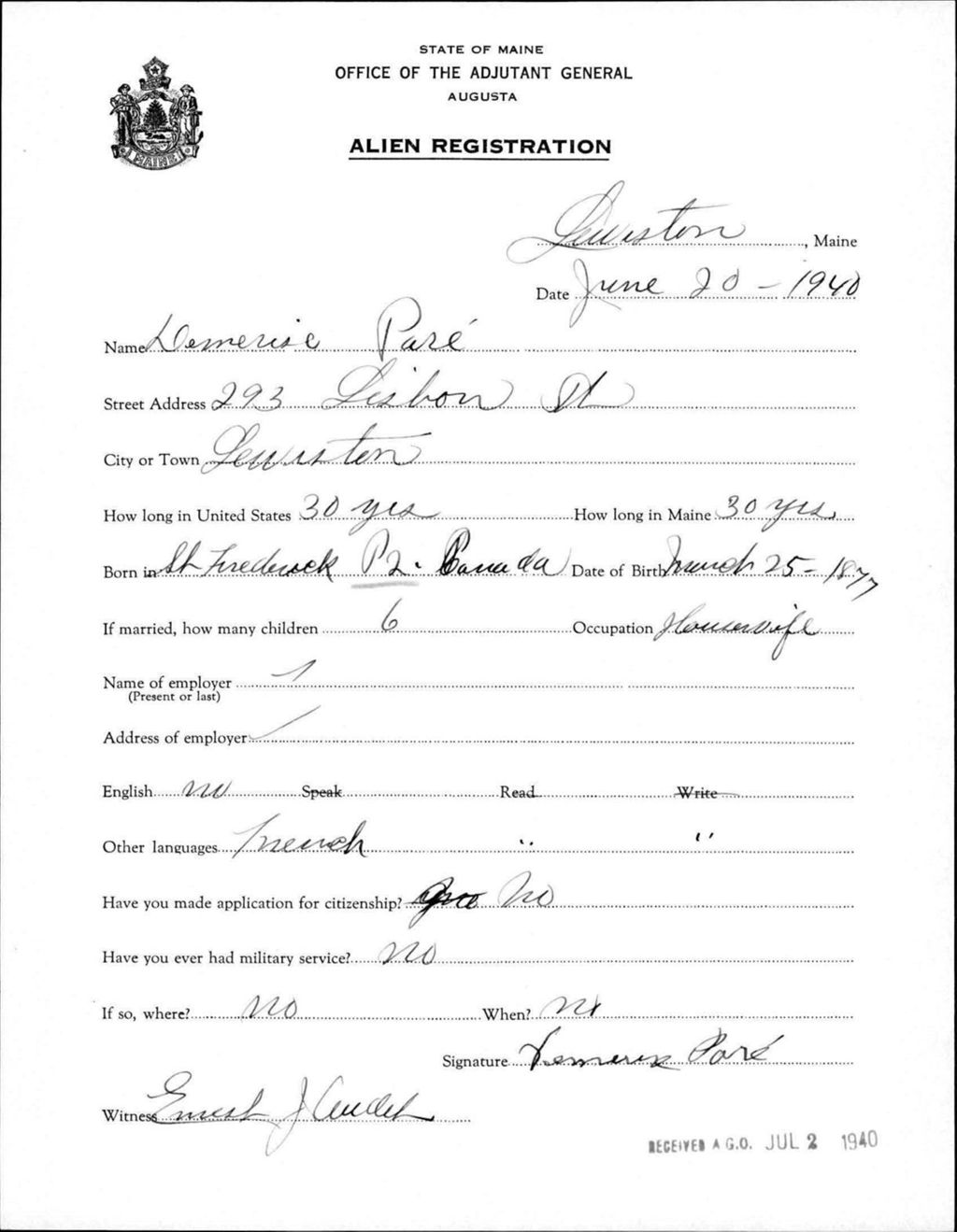 Miniature of Alien Registration- Pare, Demerise (Lewiston, Androscoggin County)