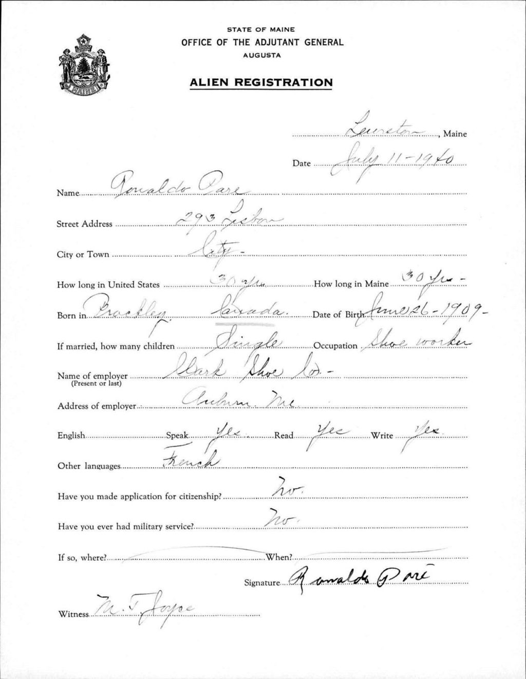 Miniature of Alien Registration- Pare, Ronaldo (Lewiston, Androscoggin County)