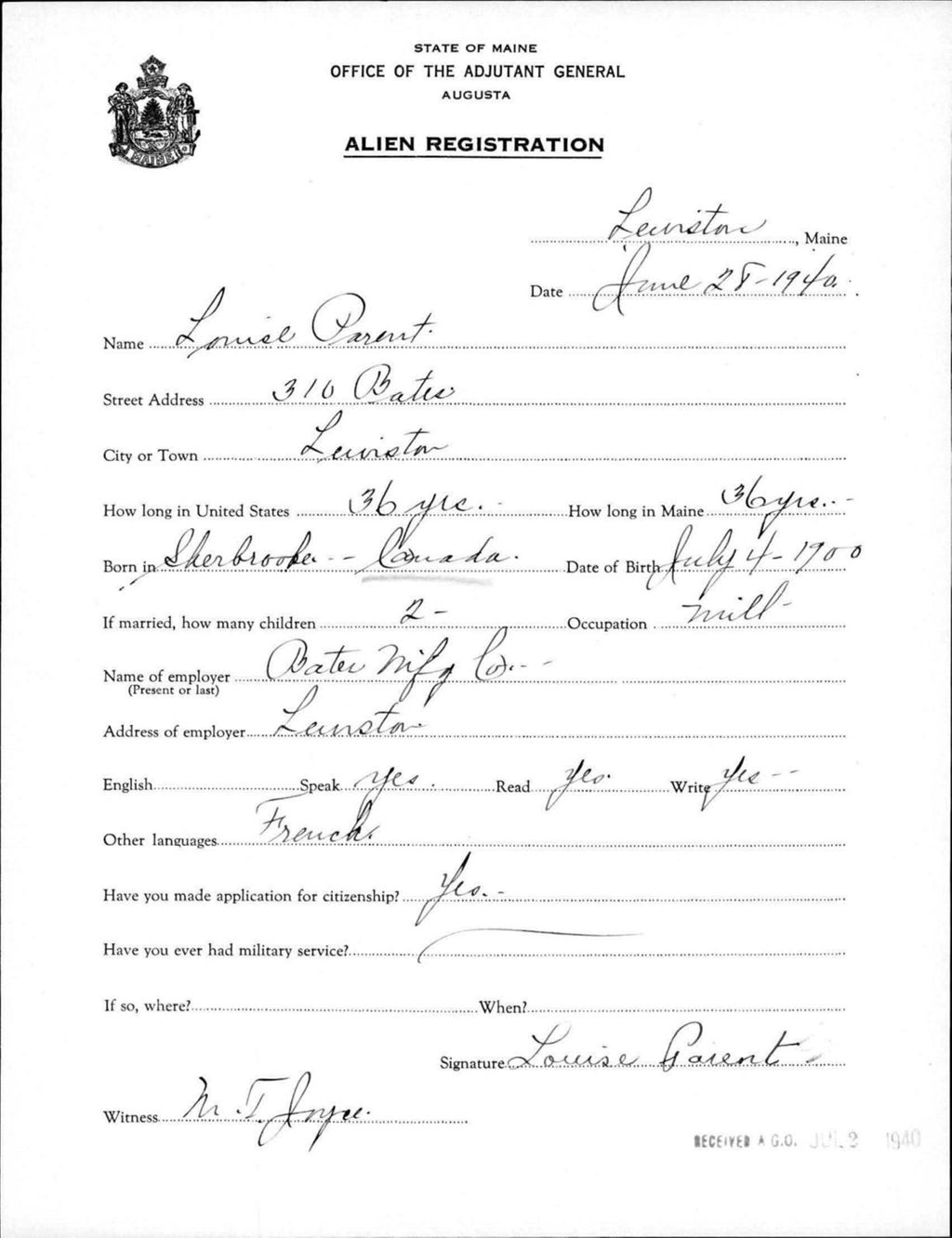 Miniature of Alien Registration- Parent, Louise (Lewiston, Androscoggin County)