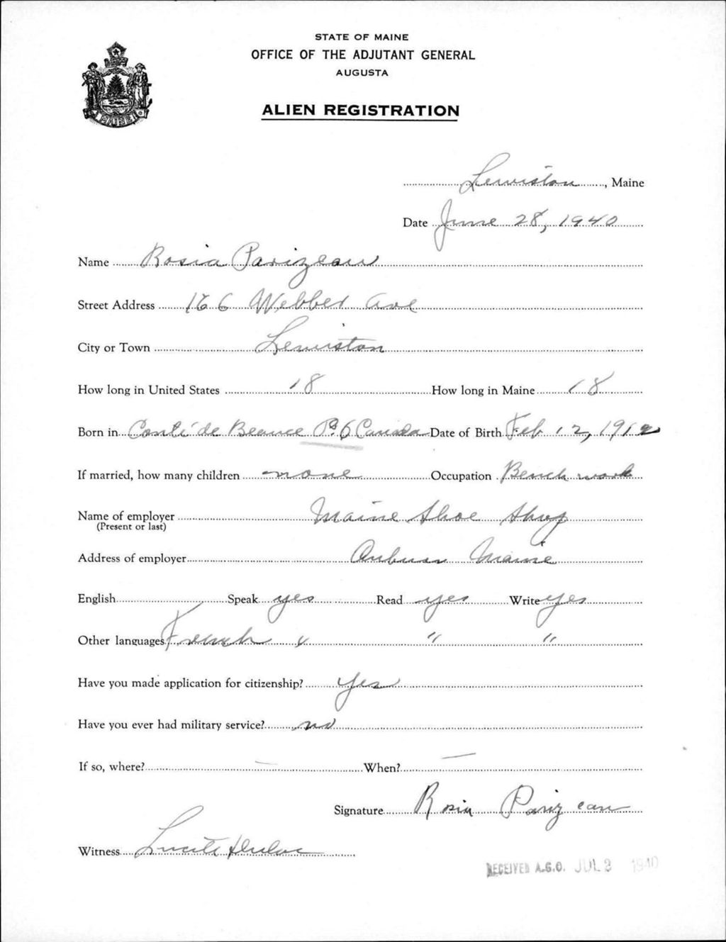 Miniature of Alien Registration- Parizeau, Rosia (Lewiston, Androscoggin County)