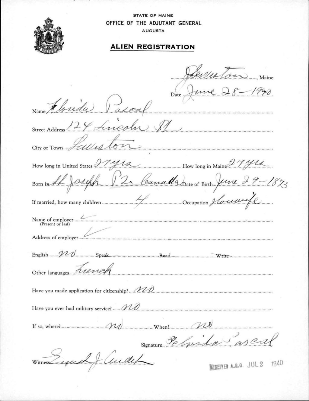 Miniature of Alien Registration- Pascal, Florida (Lewiston, Androscoggin County)