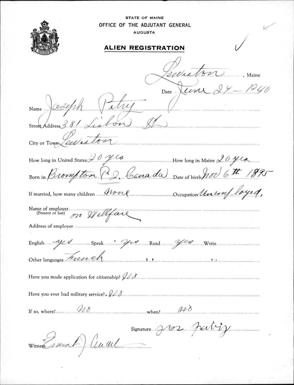 Miniature of Alien Registration- Patry, Joseph (Lewiston, Androscoggin County)
