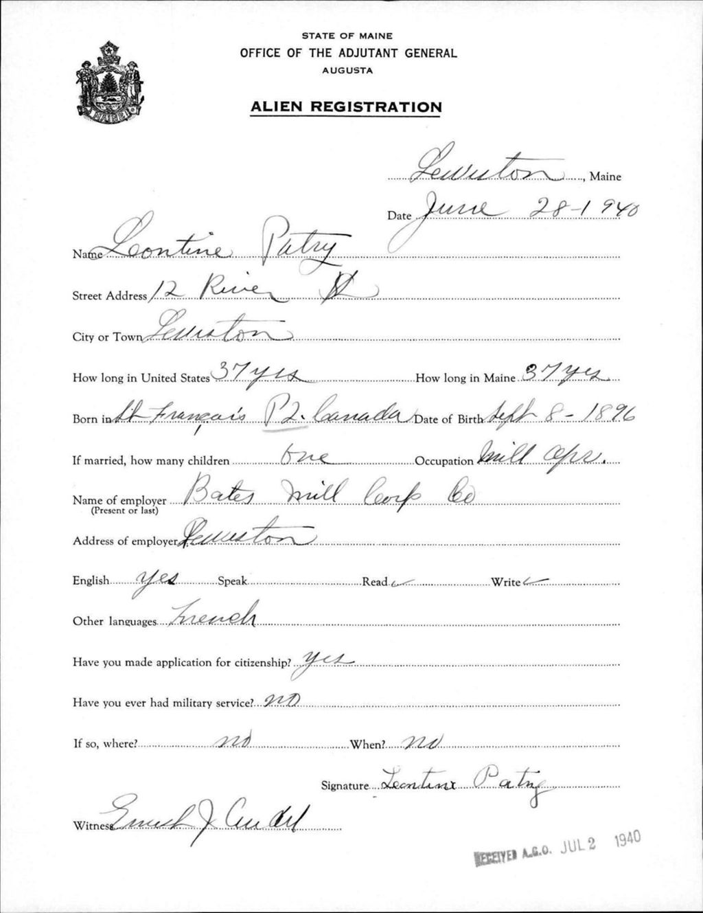 Miniature of Alien Registration- Patry, Leontine (Lewiston, Androscoggin County)