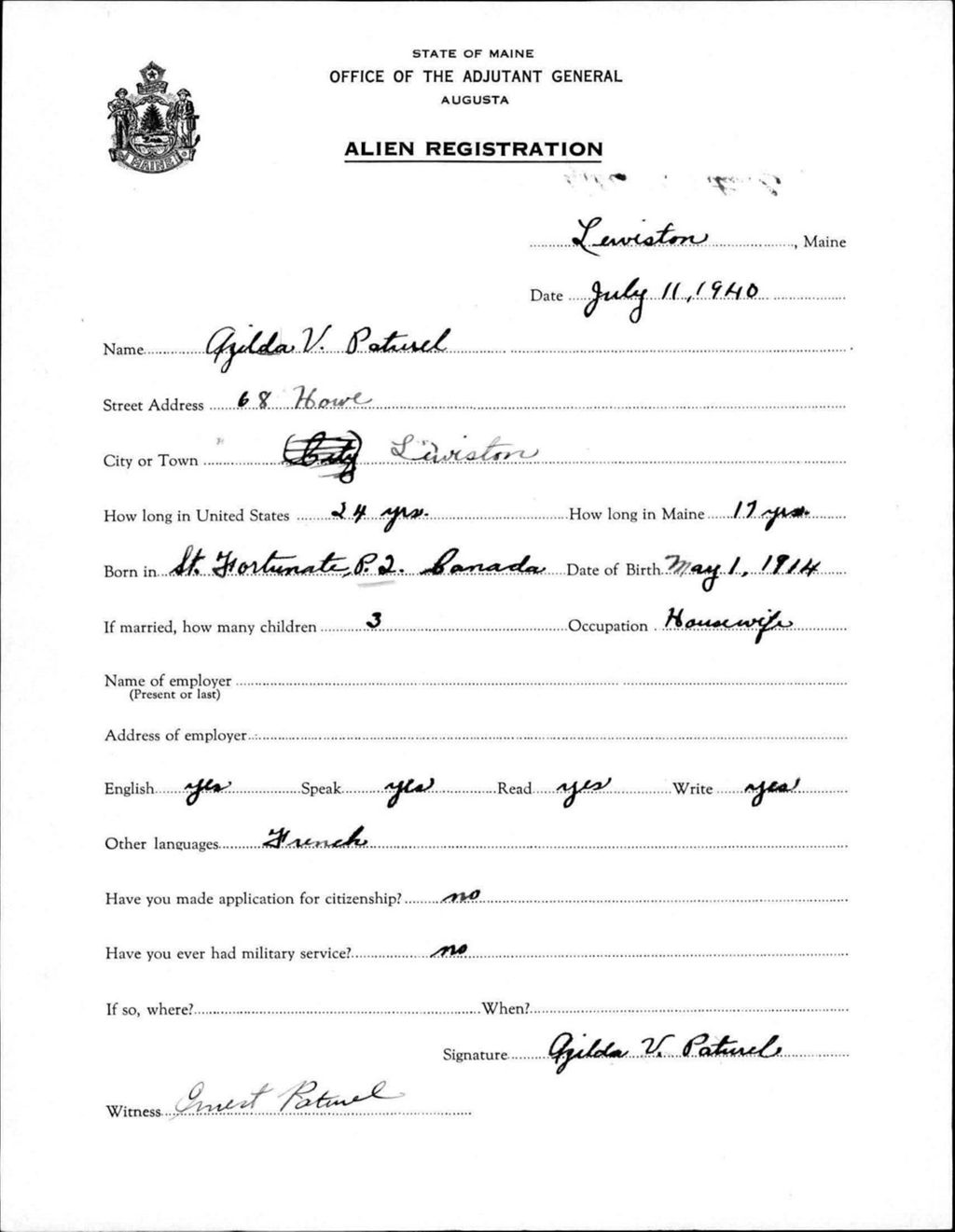 Miniature of Alien Registration- Paturel, Azilda V. (Lewiston, Androscoggin County)