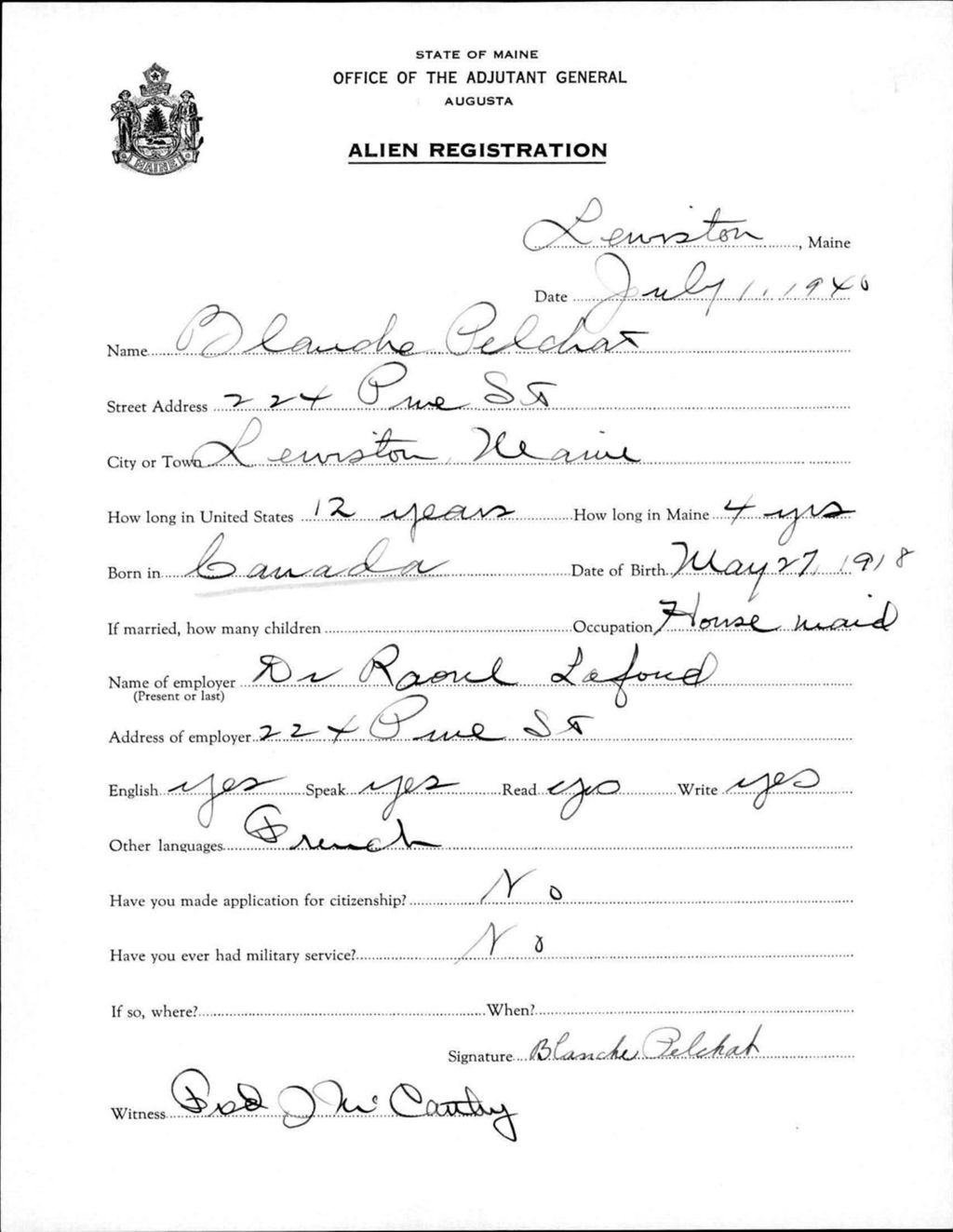 Miniature of Alien Registration- Pelchat, Blanche (Lewiston, Androscoggin County)
