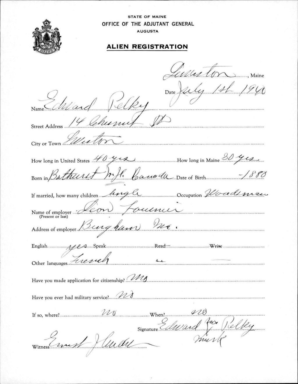 Miniature of Alien Registration- Pelkey, Edward (Lewiston, Androscoggin County)