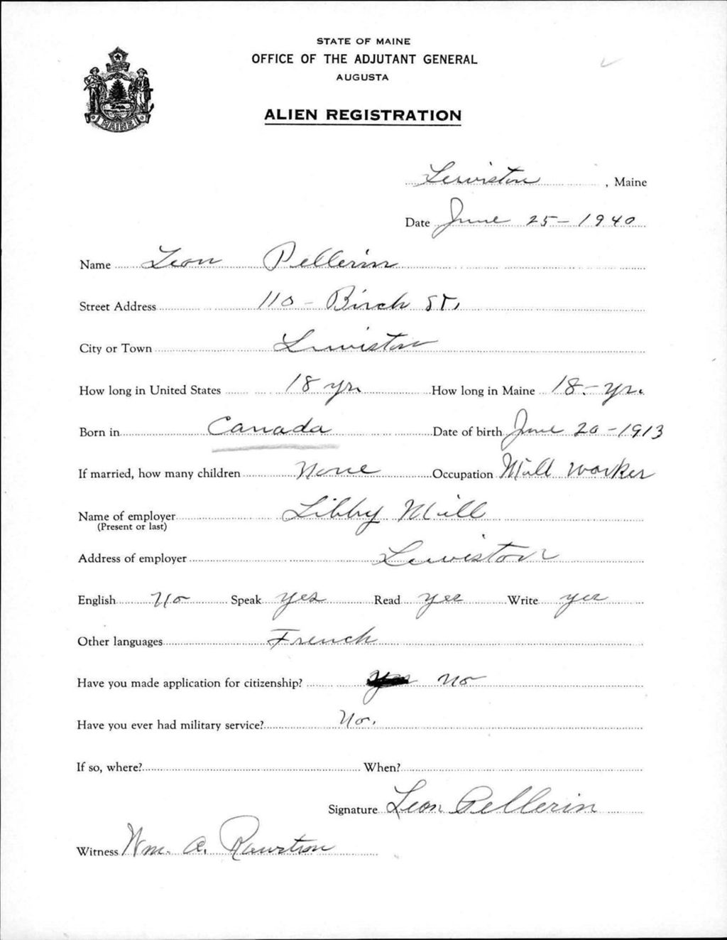 Miniature of Alien Registration- Pellerin, Leon (Lewiston, Androscoggin County)