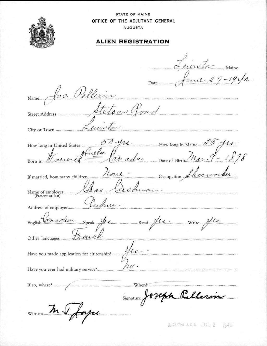 Miniature of Alien Registration- Pellerin, Joseph (Lewiston, Androscoggin County)