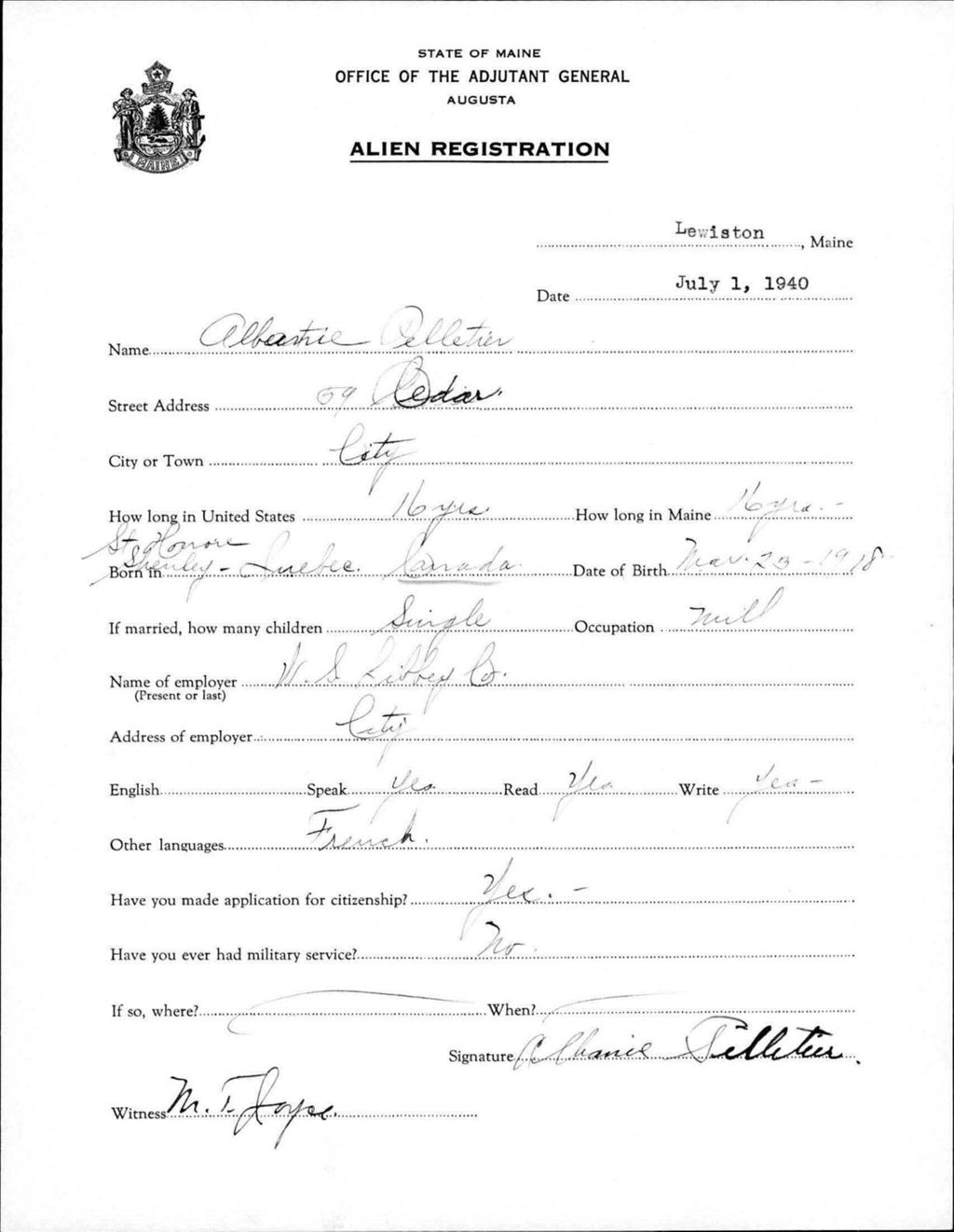 Miniature of Alien Registration- Pelletier, Albanie (Lewiston, Androscoggin County)