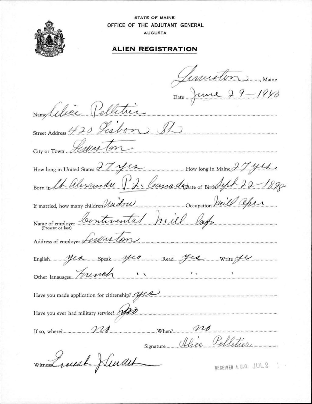 Miniature of Alien Registration- Pelletier, Alice (Lewiston, Androscoggin County)