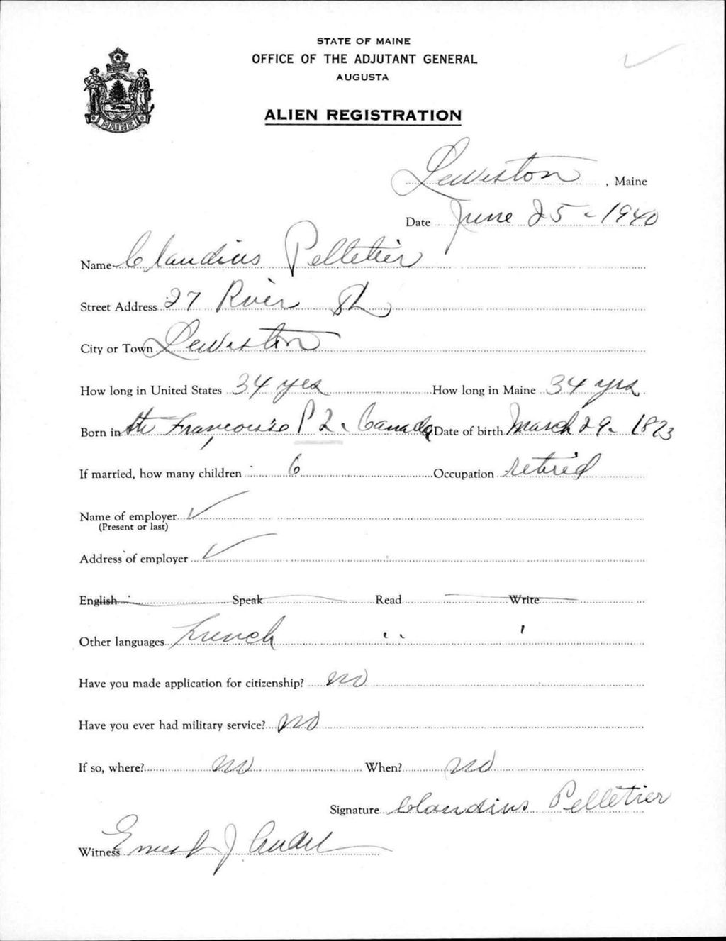 Miniature of Alien Registration- Pelletier, Claudius (Lewiston, Androscoggin County)