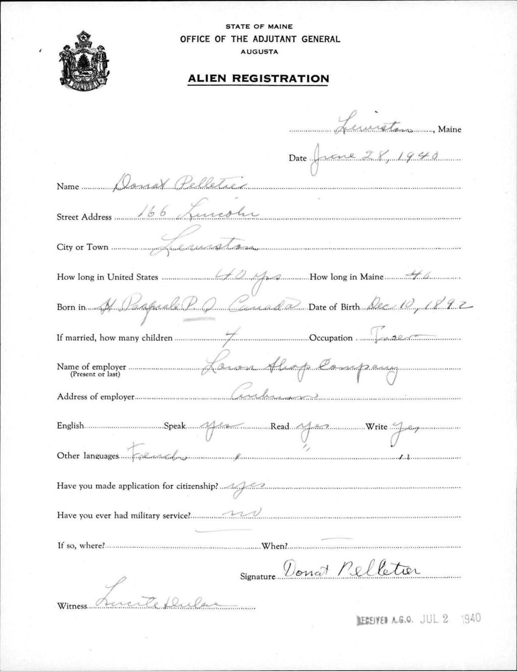 Miniature of Alien Registration- Pettetier, Donat (Lewiston, Androscoggin County)