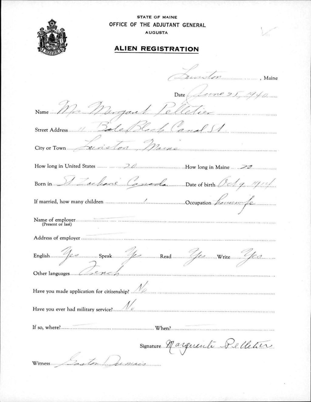 Miniature of Alien Registration- Pelletier, Margaret (Lewiston, Androscoggin County)