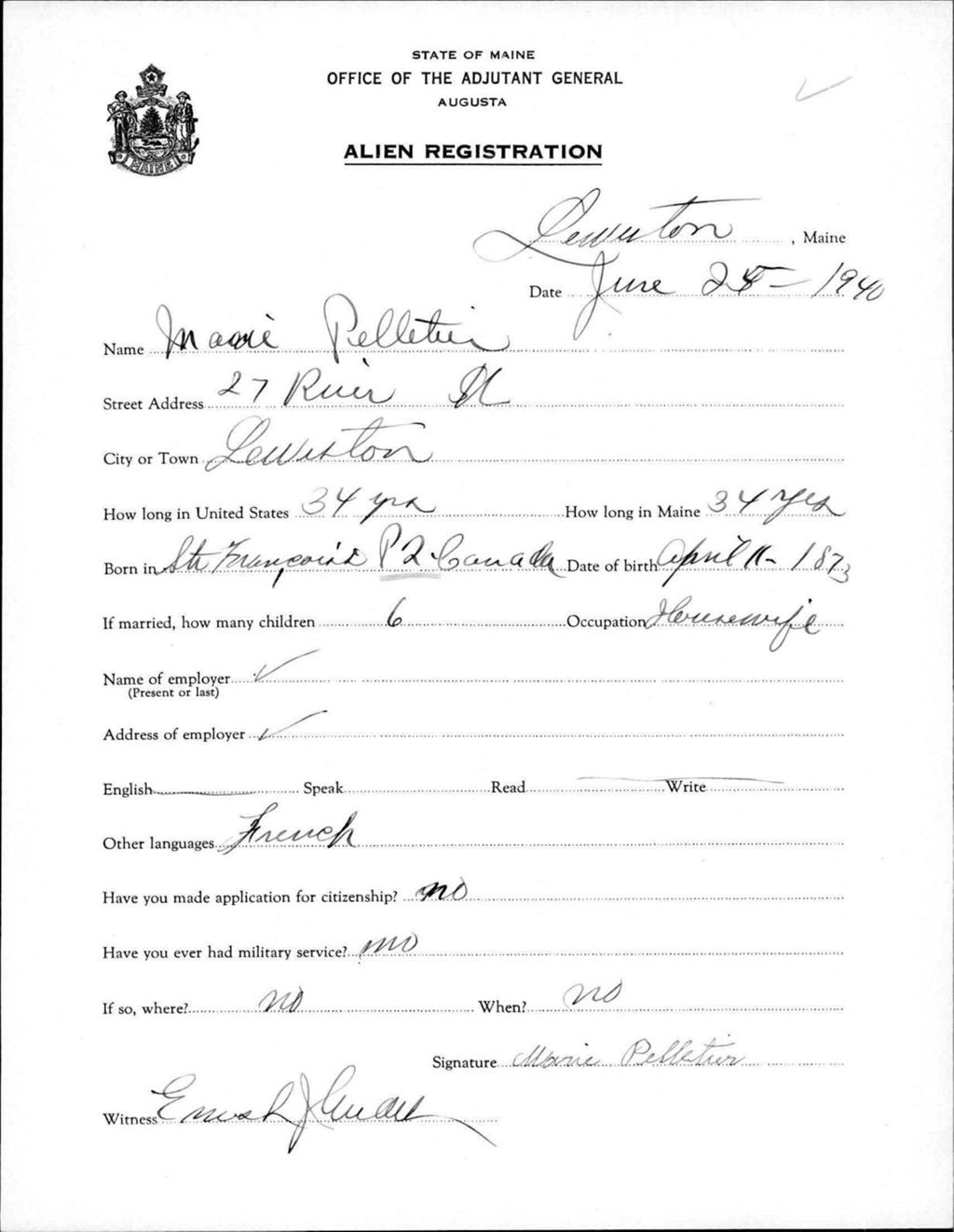 Miniature of Alien Registration- Pelletier, Marie (Lewiston, Androscoggin County)